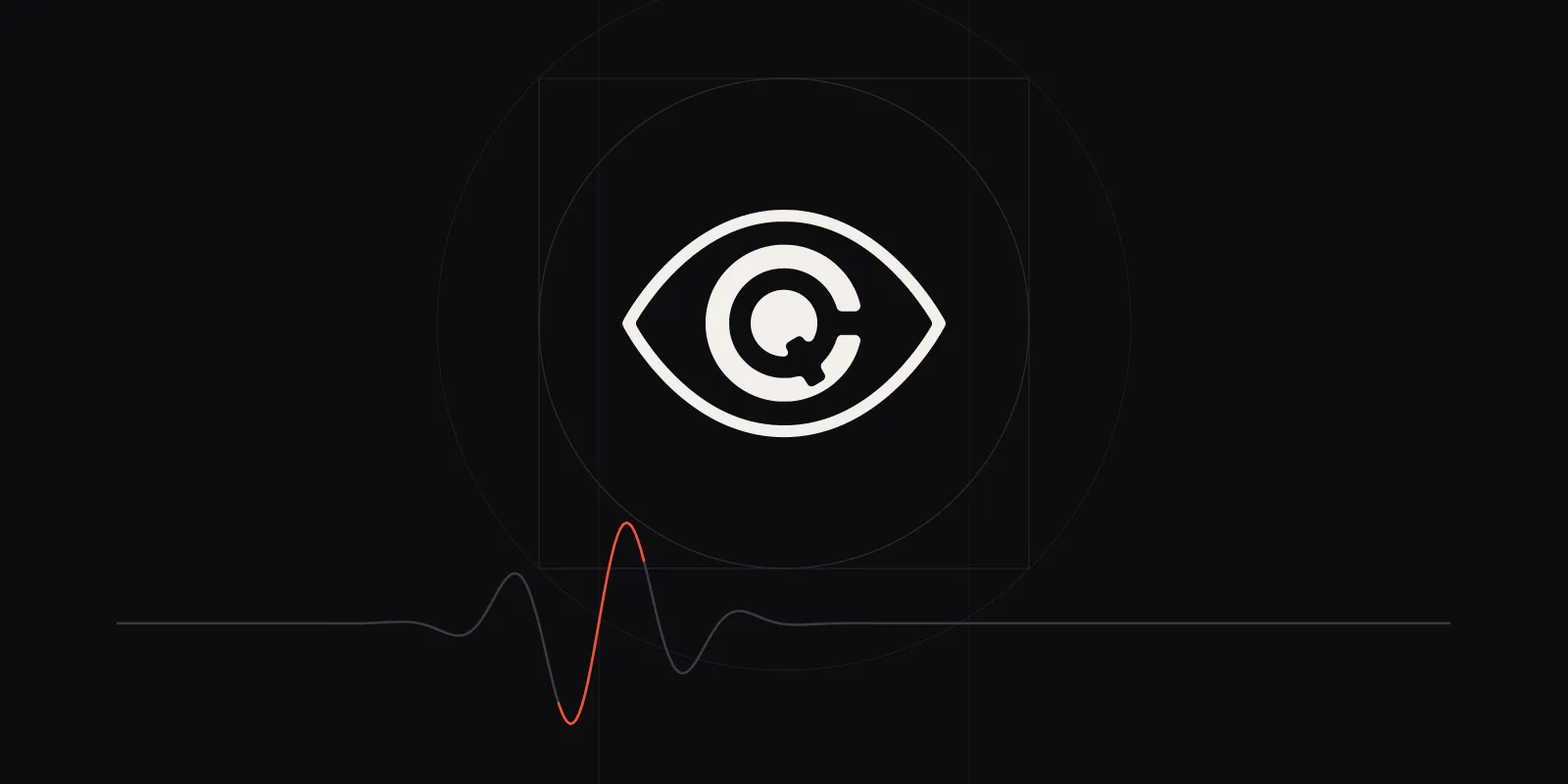 Il monogramma a forma di occhio di CyberQuake, con dentro le lettere C e Q, al centro di un cerchio e un quadrato di proporzione rinascimentale; in basso un tracciato di sismografo con un singolo impulso in arancio.