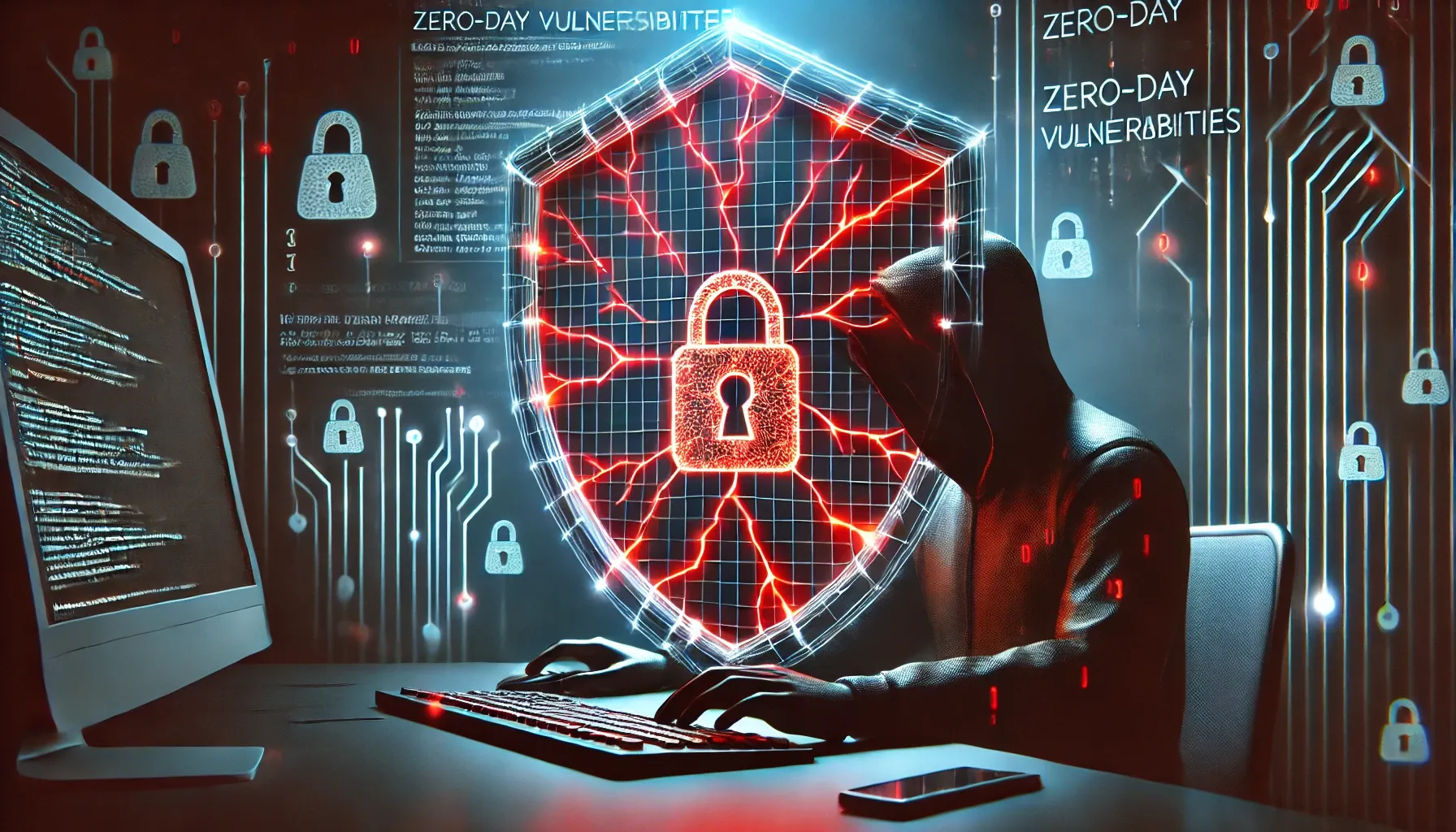 DALL·E 2024-12-04 18.54.01 - A conceptual cybersecurity-themed image for a blog post about zero-day vulnerabilities and their impact on small businesses. The image shows a futuris