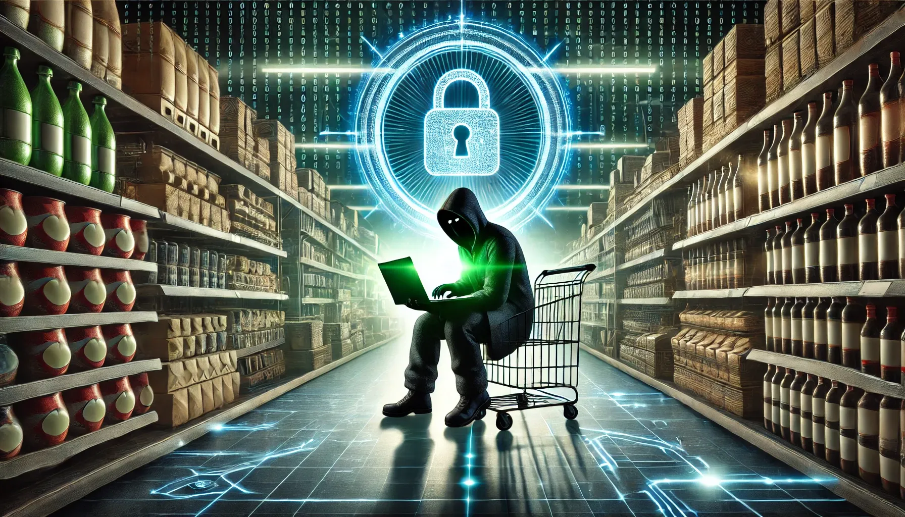 DALL·E 2025-01-15 17.13.35 - A detailed digital artwork of a supermarket (representing Conad) at night, with a shadowy hacker figure in the foreground working on a laptop emitting