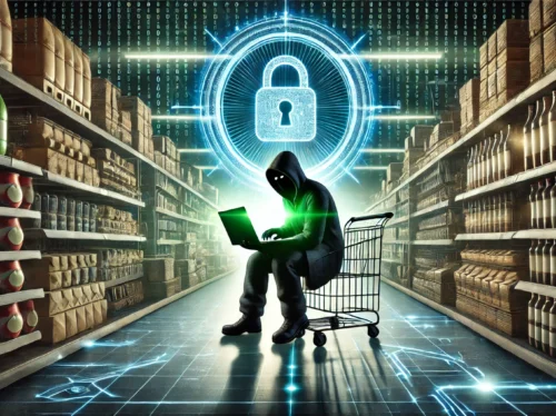 DALL·E 2025-01-15 17.13.35 - A detailed digital artwork of a supermarket (representing Conad) at night, with a shadowy hacker figure in the foreground working on a laptop emitting